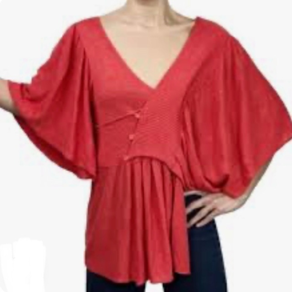 ANTHROPOLOGIE MOTH Women’s Coral Red TAUPO Asymetrical Ruffle Kimono Sweater S